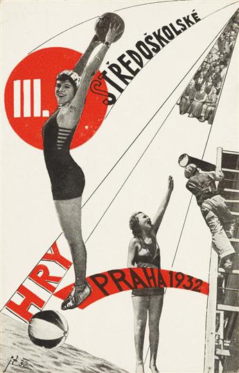 JIRÍ TAUFER (1911-1986). III. STREDOŠKOLSKÉ HRY PRAHA / [INTERCOLLEGIATE GAMES IN PRAGUE.] Two postcards. 1932. Each approximately 5x3